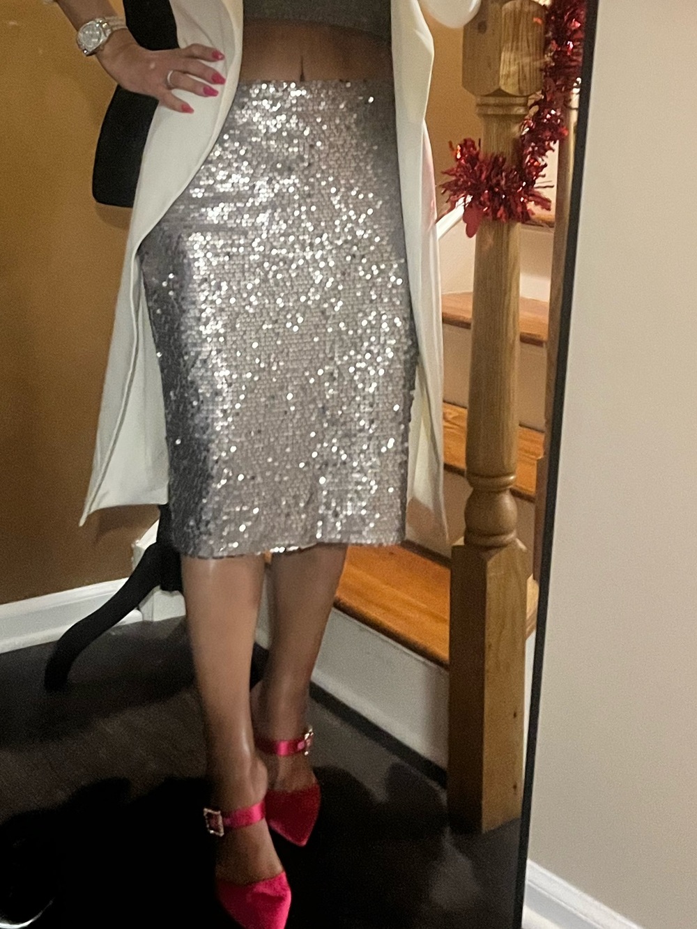 Express Silver Sequin Midi Skirt
